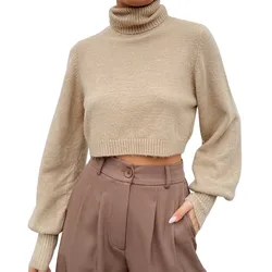 Women Knit Sweater Crop Tops Spring Autumn Vintage Clothes Solid Color Long Sleeve Cowl Neck Pullover y2k Streetwear