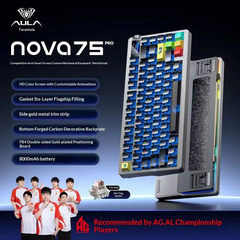 AULA New Mechanical Keyboard 75 Key Custom Tri Mode Wireless Bluetooth 1 14 Inch Hd Screen High Appearance Gaming Office Esports