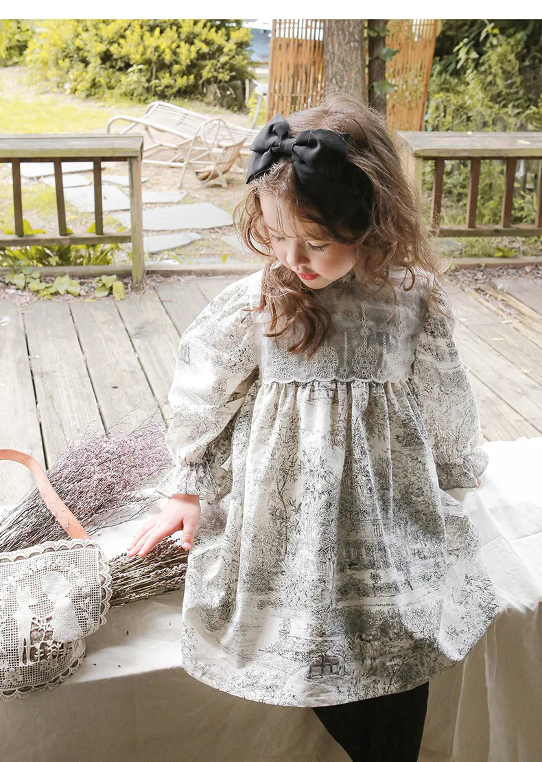 Girls Casual Dresses Landscape Painting Lace Patchwork Princess Dress Kids Clothes Girls 2 To 7 Years Wedding Dress