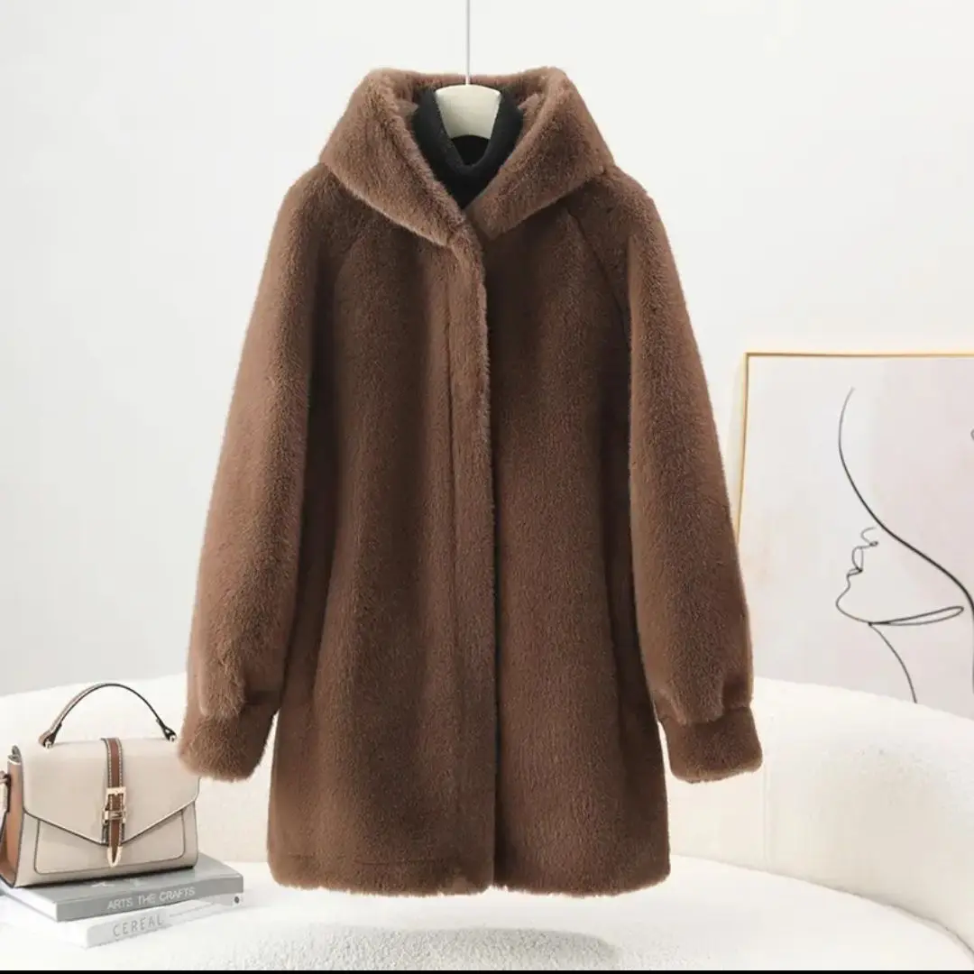 2027 Winter New Mink Fur Coat Female Long Mink Cashmere Jacket Women High Quality Outwear Hooded Padded Outcoat Ladies Tops