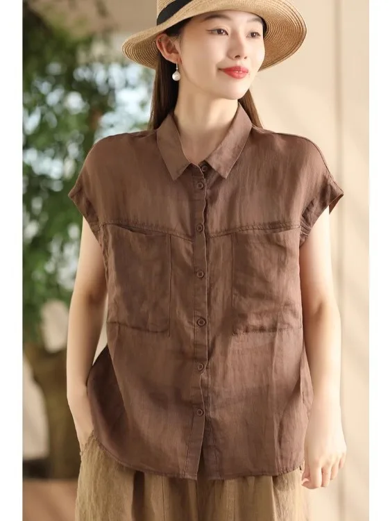 قميص أنيق بدون أكمام من القطن والكتان للنساء، قميص صيفي بسيط كاجوال بياقة كتان وأكمام قصيرة طائرة #5