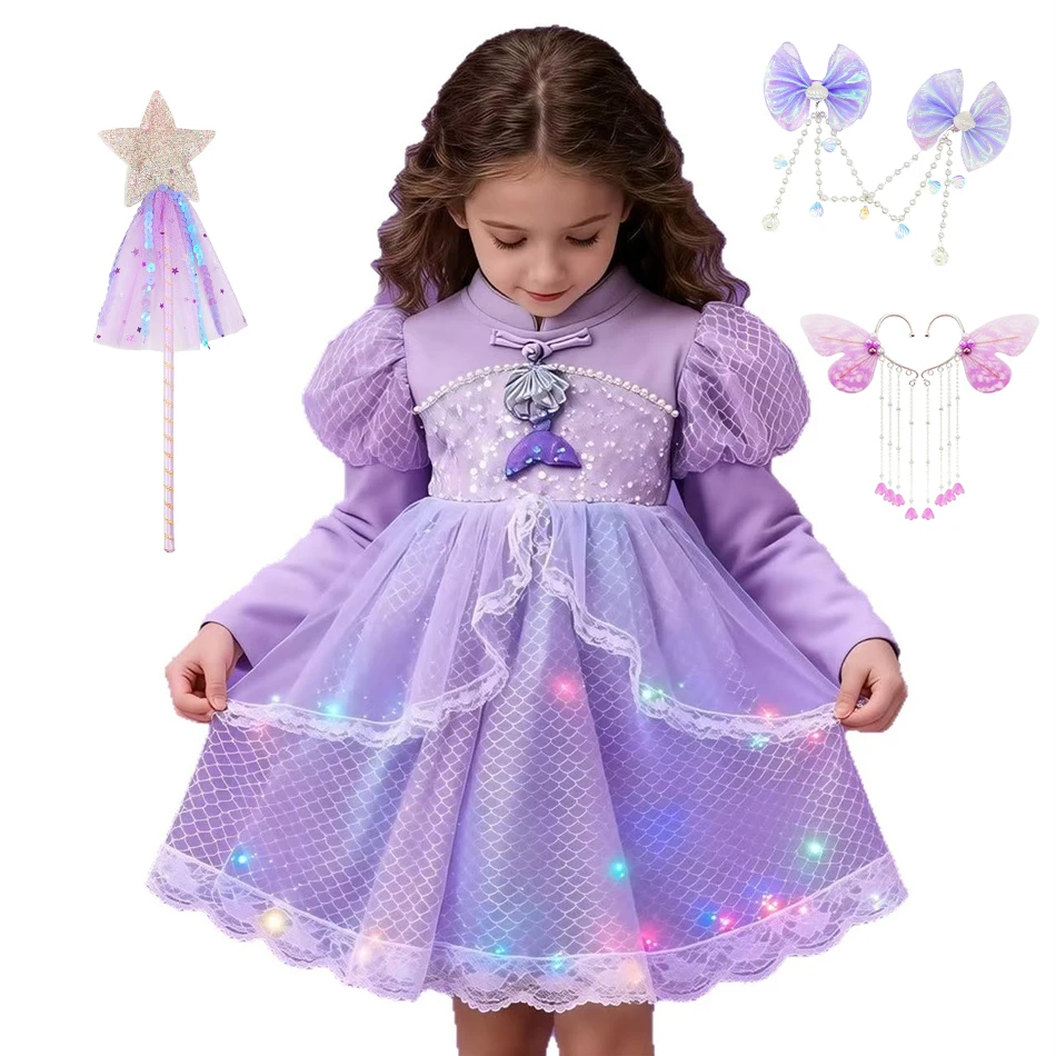 

Mermaid Cosplay Purple Princess Dress Baby Girls Long Sleeved Winter Frocks Children Birthday Carnival Xmas Party Fairy Costumes