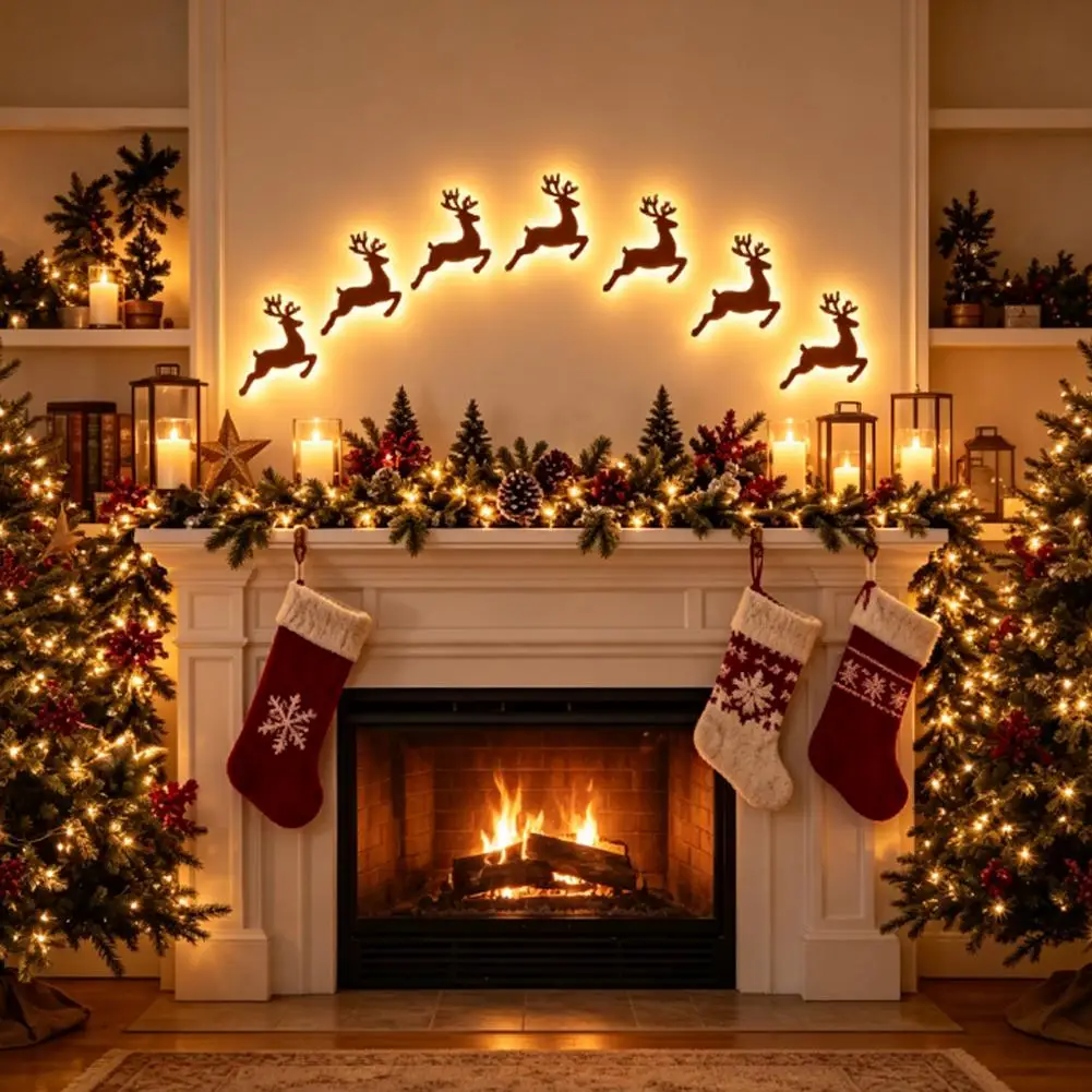 LED Wooden Reindeer Wall Lights, Christmas Luminous Deer Wall Stickers Warm Light Holiday Decor, Indoor & Outdoor Ornament Gift