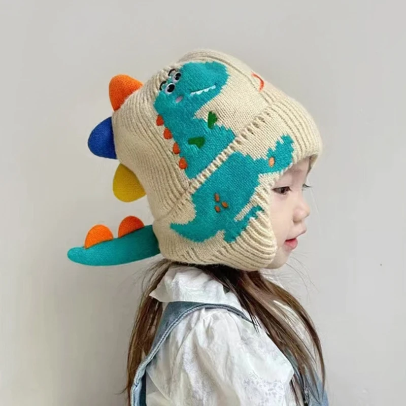 

Warm & Playful Knitted Hat with Dinosaur Pattern Earflap Hat Trendy Winter Headwear Lightweight for Boys & Girls