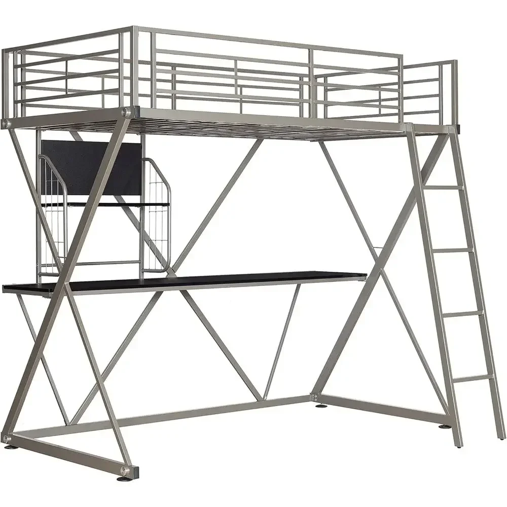 Twin Size Pewter Powder Coated Metal Bunk Bed with Study Desk and Computer Area