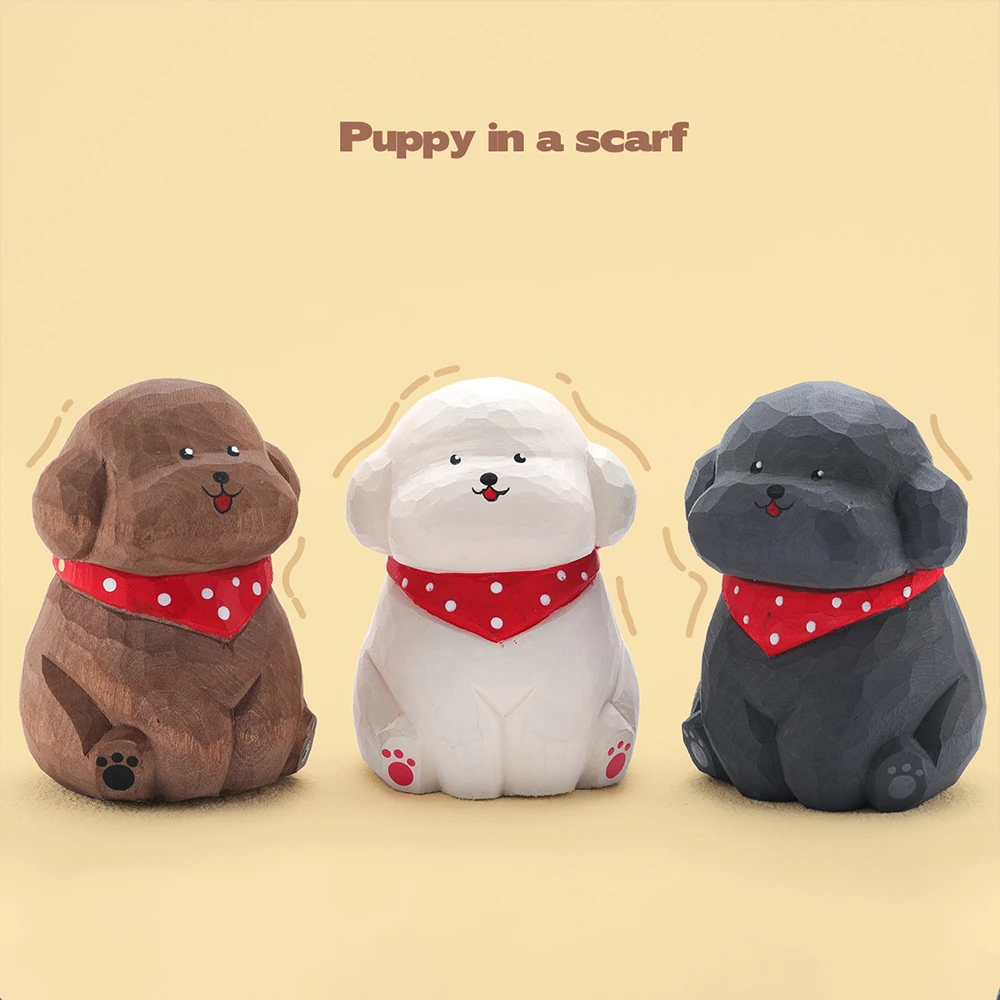 Handcrafted wood carving Teddy Dog Statue Cute Dog Figurines Desk Ornament Decorations  Animal Sculpture Crafts Christmas Gift