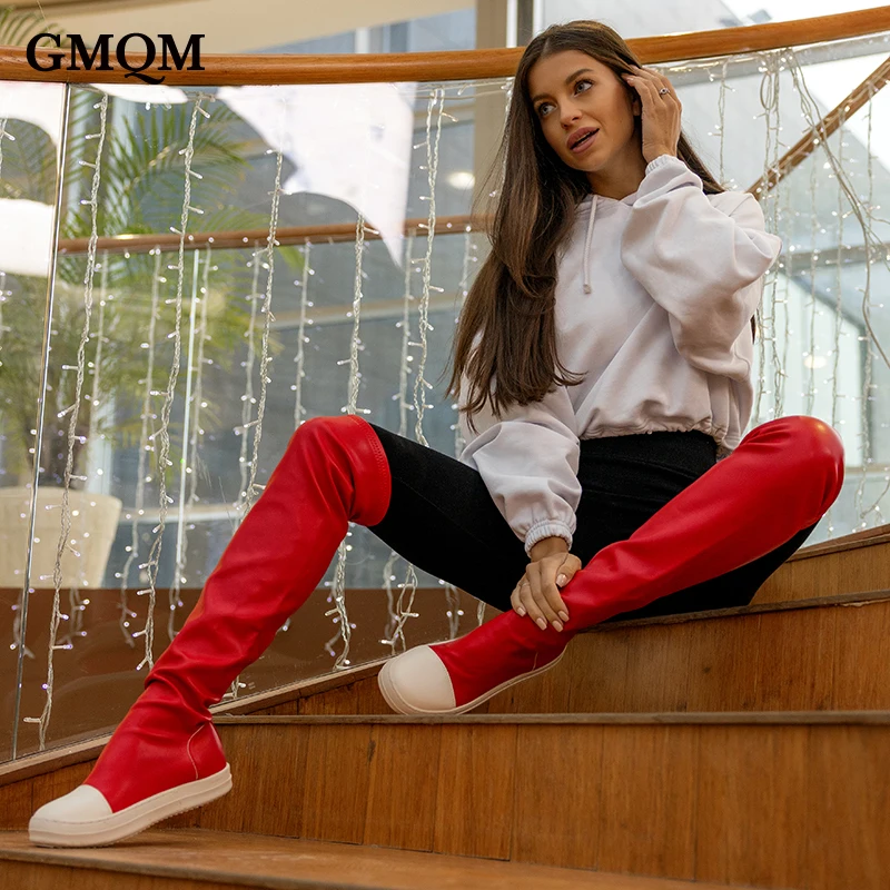 GMQM New Fashion Women\'s Long Boots Over The Knee Boots New Platform 2023 Slim Thigh High Boots Round Toe Slip-On Walking Shoes