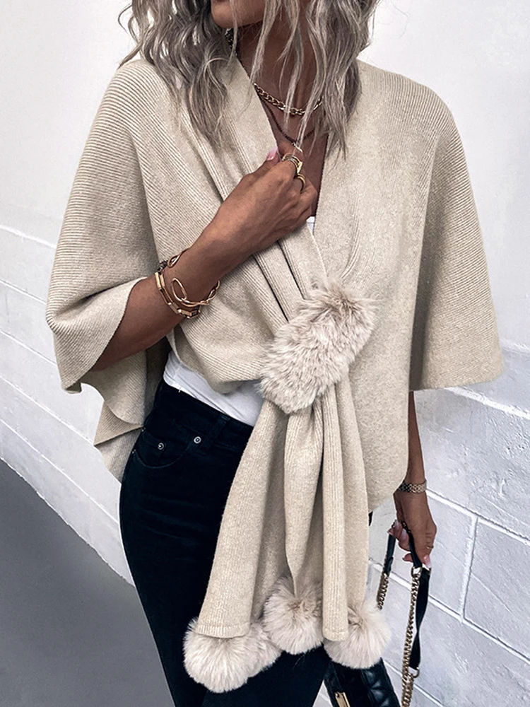 New 2024 Women\'s Hairball Patchwork Solid Color Shawl Cardigan Autumn Winter Poncho Batwing Sleeve Sweater Cape Coats