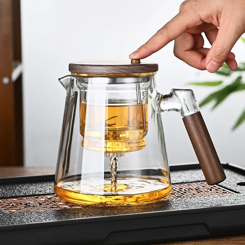 One Click Tea Separation Filtration Glass Tea Pot Wood Handle Tea Water Separation Inner Container Teapot With Infuser Filter