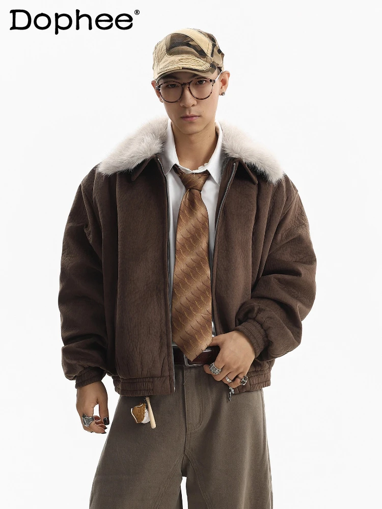 

Мужские парки с воротником из искусственного меха High Street, новинка зимы 2025 года, свободные стильные парки, мужские красивые однотонные пальто с длинными рукавами