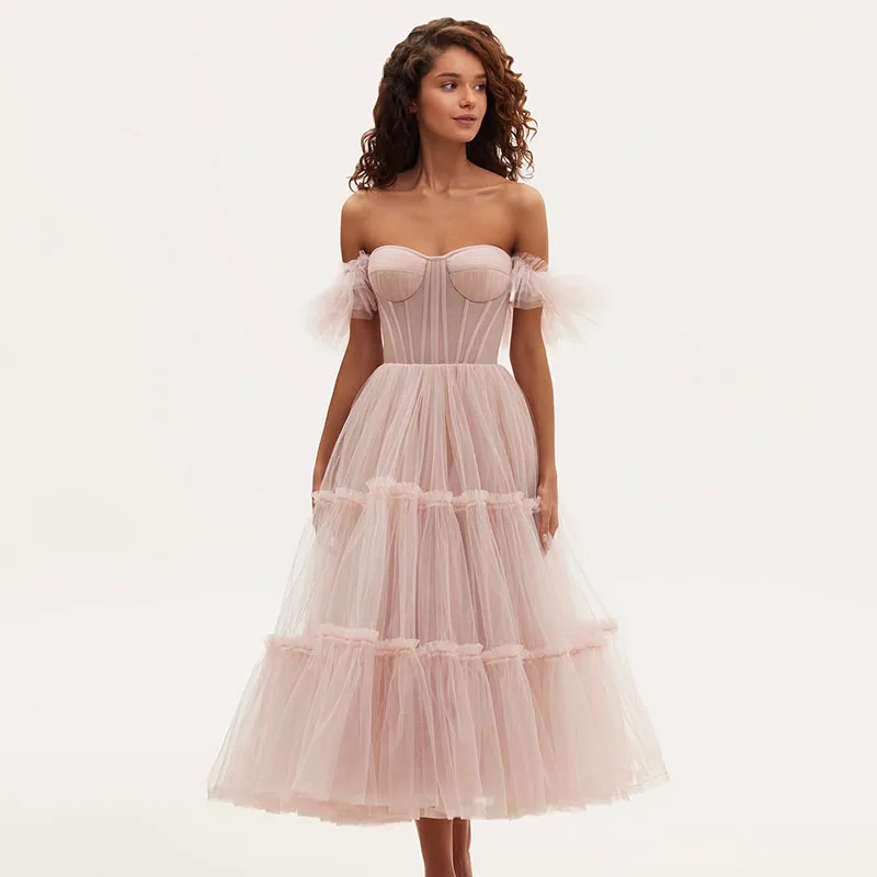 

OEING Princess A-Line Nude Pink Prom Dresses Ankle Length Off Shoulder Party Gowns Simple Pleats Soft Tulle Dress Customized