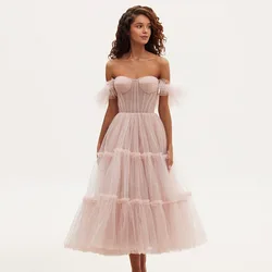 OEING Princess A-Line Nude Pink Prom Dresses Ankle Length Off Shoulder Party Gowns Simple Pleats Soft Tulle Dress Customized