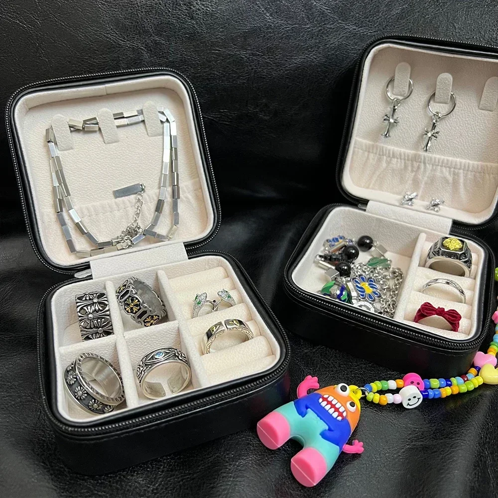 Mini caja de almacenamiento de joyas portátil, organizador de viaje, estuche de joyería, almacenamiento de cuero, pendientes, collar, anillo,