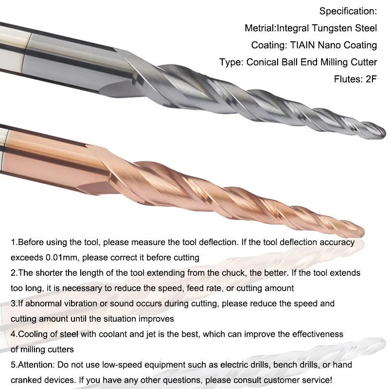 YIFINO Conical Ball End Milling Cutters 2-Flutes Tungsten Steel Carbide R0.25-R2.0mm CNC Endmills HRC55 Extended Milling Cutter