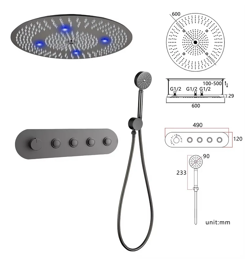 600mm LED 4 Functions Round Rainfall Ceiling Shower faucet set Bathroom Thermostatic Concealed Shower head Set Shower set,Grey