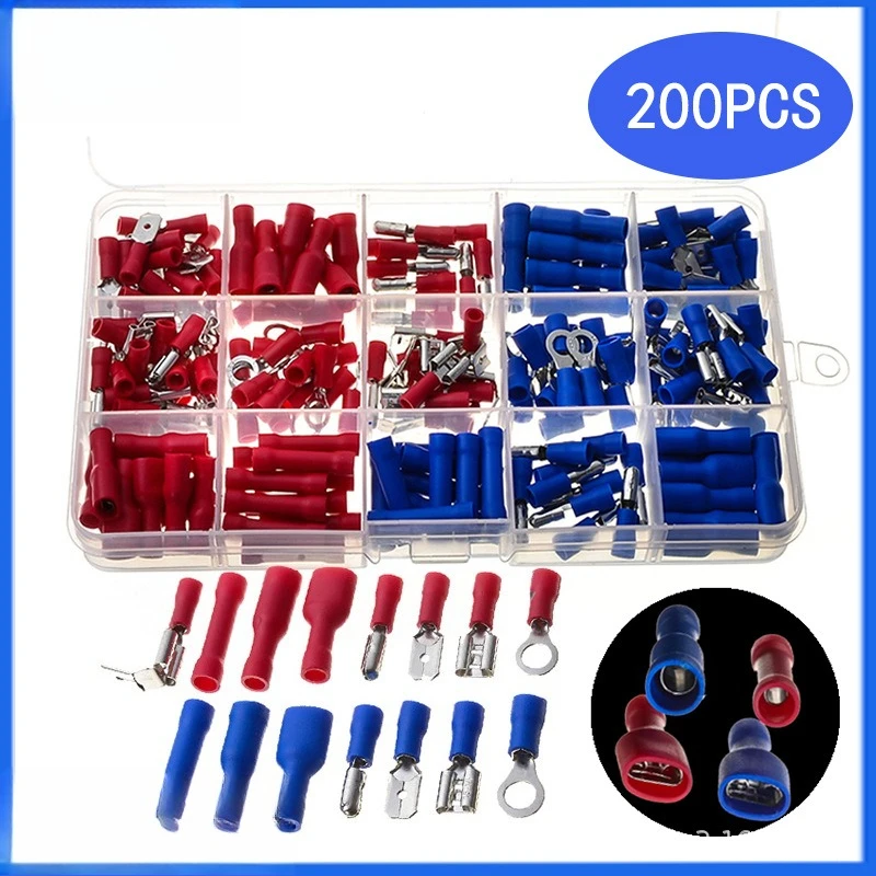 200PCS Male & Female Bullet Cold Crimp Terminals Box Kit, Pre-insulated Quick Disconnect Wire Connectors Assortment