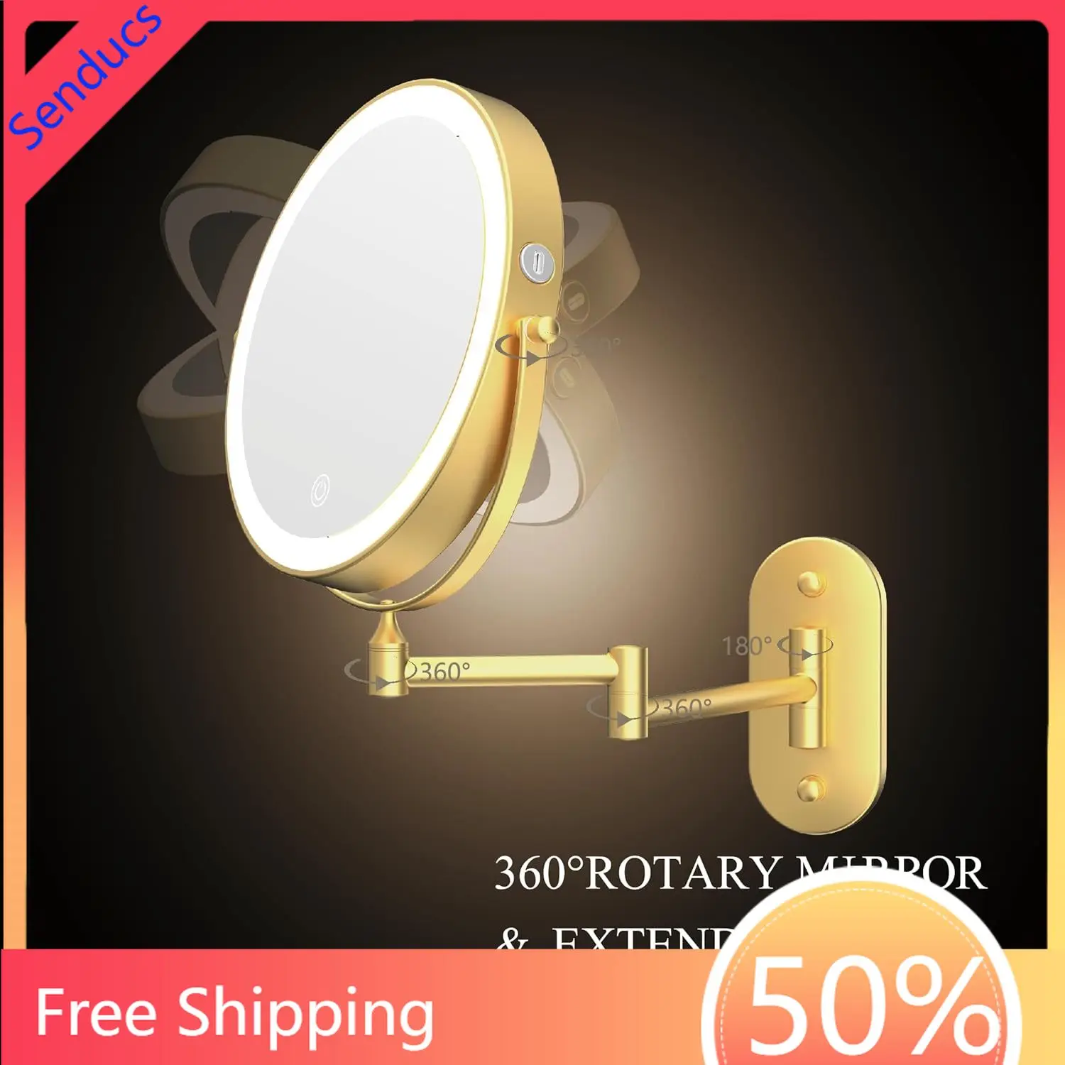 Gold Finish LED Lighted Bathroom Mirror Dual Arm Extend Folding Bathroom Fixture Mirrors with 5X Magnifying Bath Makeup Mirrors