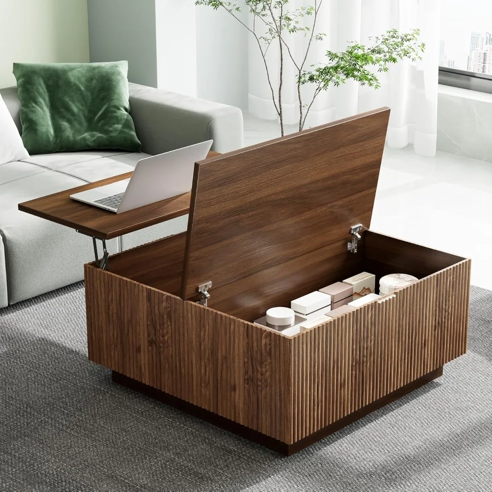 

31 Lift Top Coffee Table with Hidden Storage, Farmhouse Square Wood Center Table with Fluted Design for Living Room, Apartment,