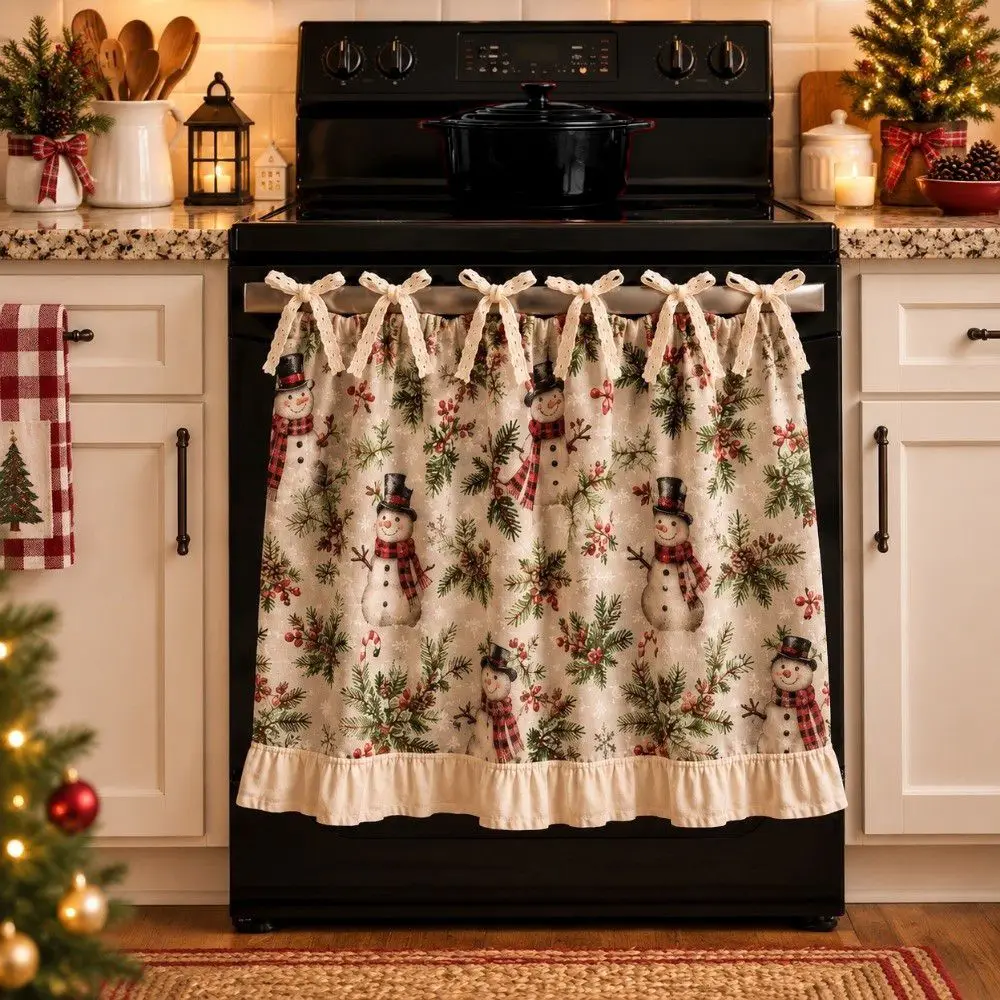 Ruffle Edge Christmas Oven Short Curtain Snowman Deer Xmas Tree Kitchen Stove Short Curtain Flower Countryside Style