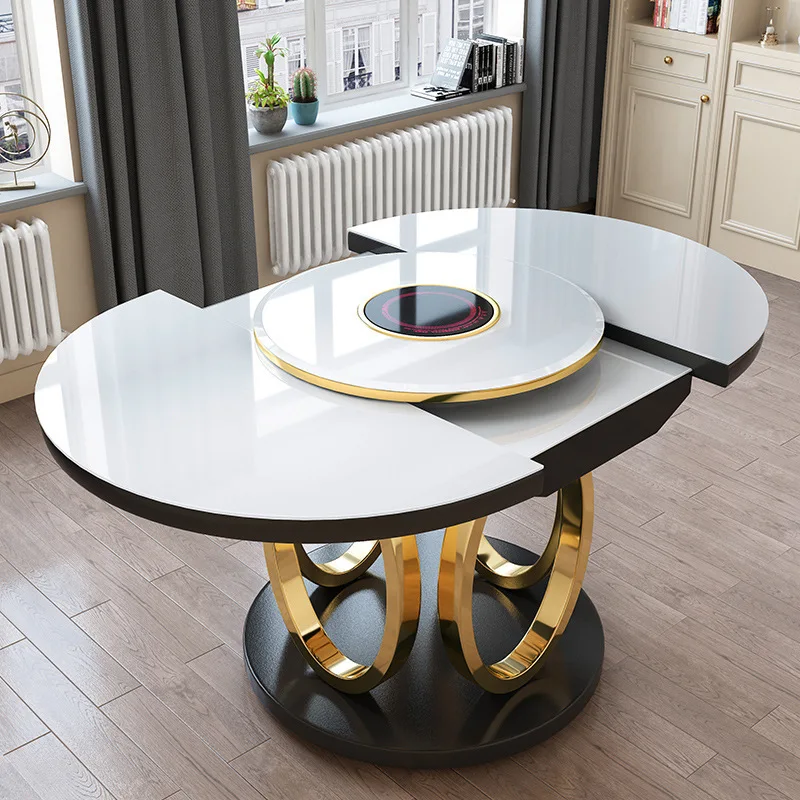 dining table round tablel furniture with turntable telescopic rotating household dining table and chair combination