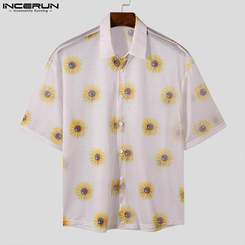 Casual Stylish Style Tops INCERUN Men's Dense Mesh Perspective Sunflower Printed Shirts Summer Street Short Sleeved Blouse S-5XL