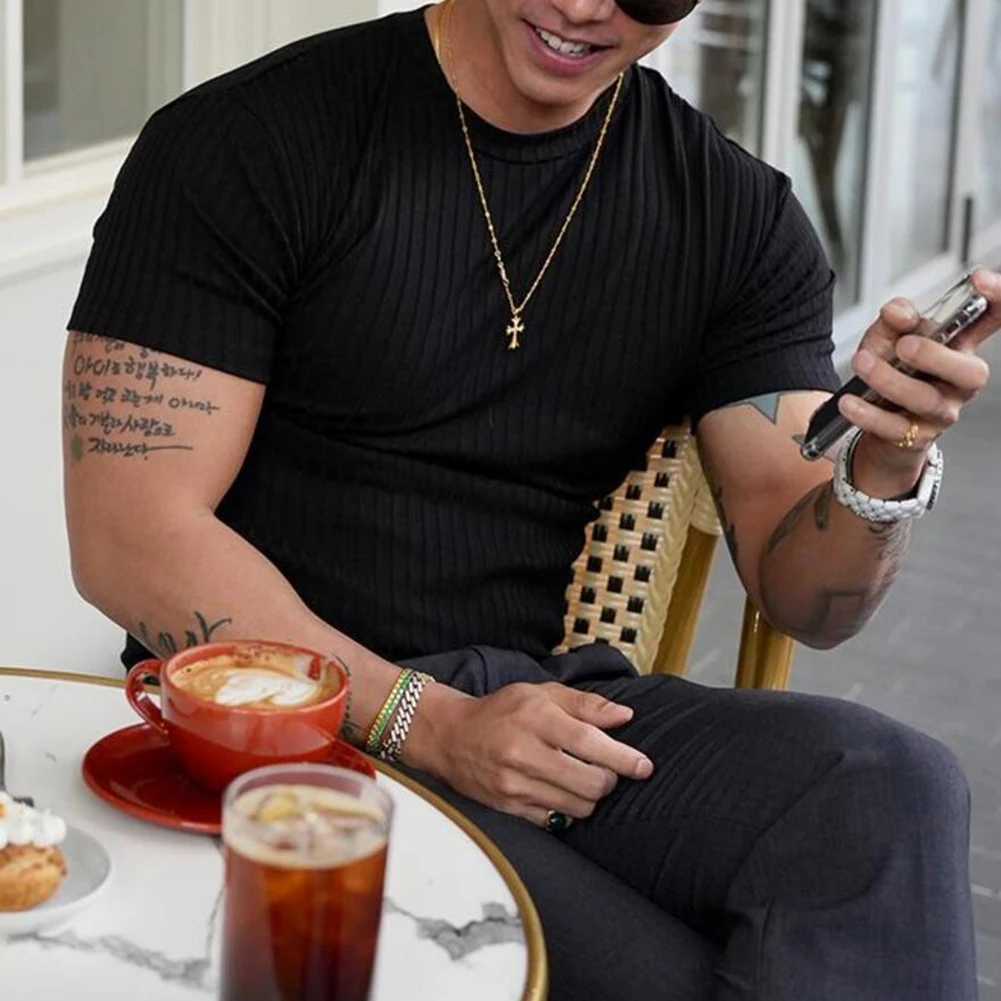 Comfortable Daily Men T-shirt Tops Vertical Stripe Well Fitting White Black Elastic Fashion O-Neck Short Sleeve