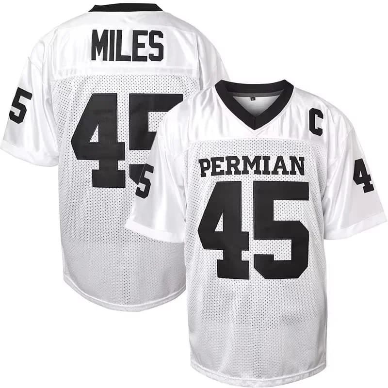 Movie PERMIAN #45 MILES Football Jersey Mens American Rugby Clothing Tops Quick Drying Sewing Soccer Jersey Male Matching Family