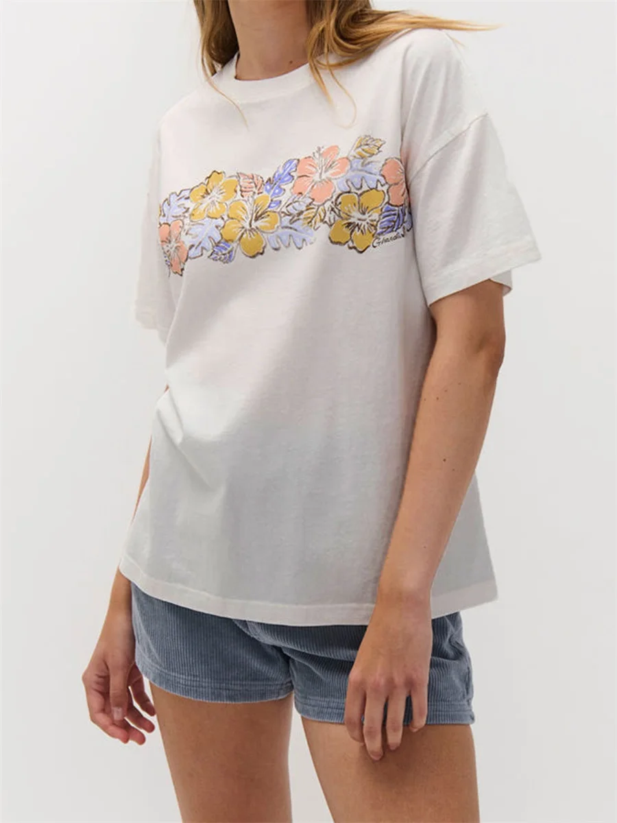 女性のカジュアルなクルーネックTシャツ,花柄の半袖Tシャツ,ゆったりとしたビーチウェア,毎日のストリートウェア,夏