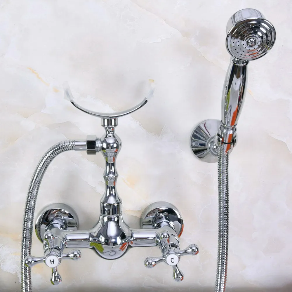 

Polished Chrome Brass Wall Mount Bathtub Faucet with Handheld Shower Set +1500MM Hose Mixer Tap 2na252