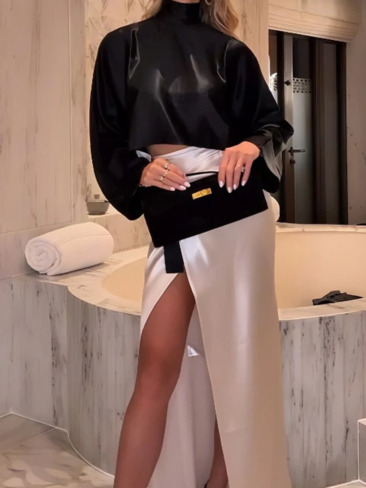 Elegant Banquet Sets Luxury High-end Color Blocked Half Skirts 2pc Sets Temperament Satin Long Sleeve Tops&Irregular Skirts Sets
