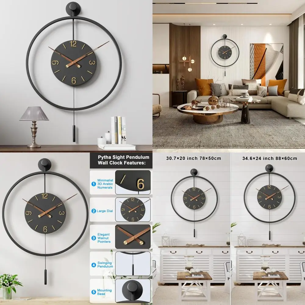 

Large 30.7x20 Inch Modern Wall Clock, Living Room Decor, Metal Minimalist Arabic Numerals, Farmhouse Style Pendulum