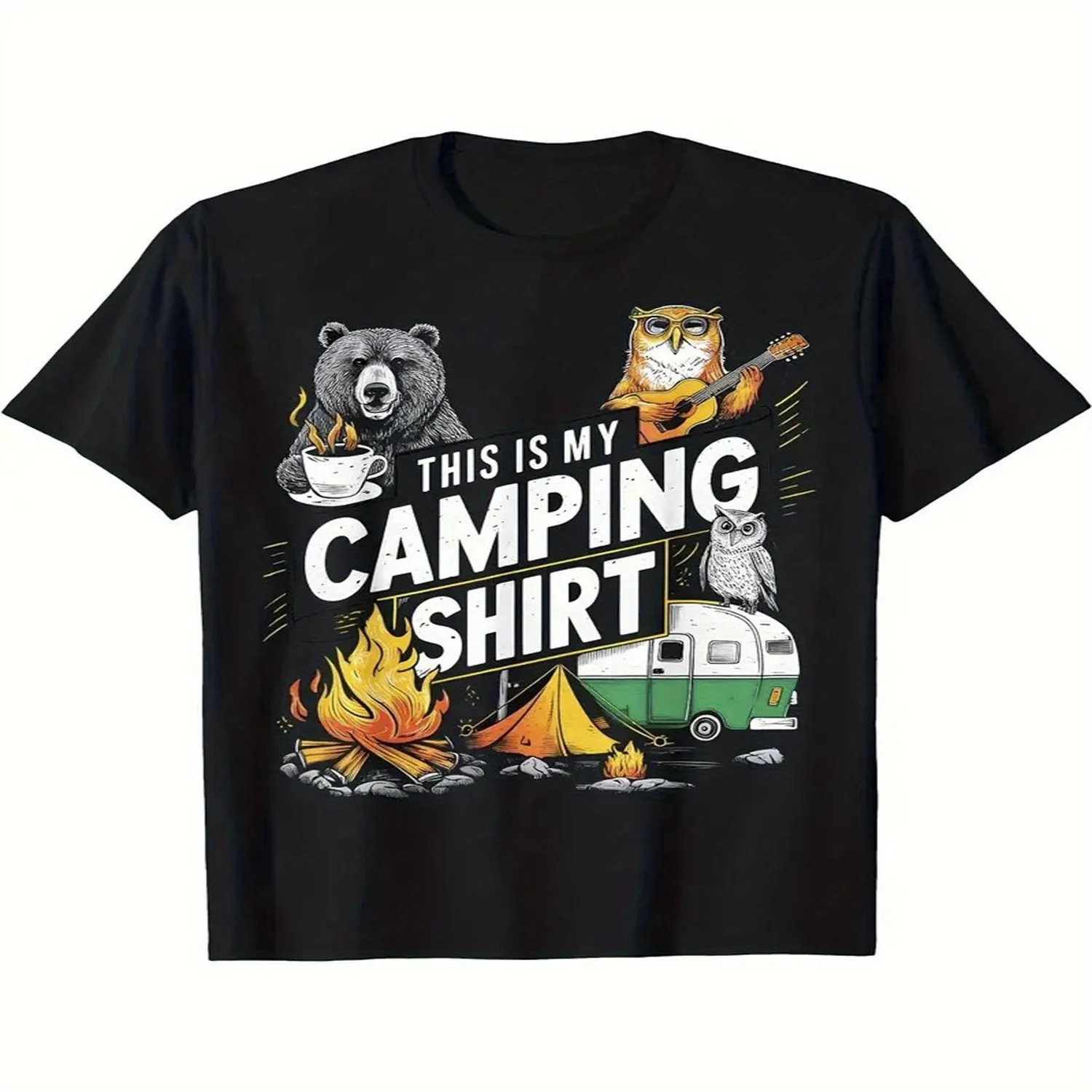 Men's Camping Graphic T-Shirt - Bear, Guitarist, RV Campfire Outdoor Design - Soft Breathable Tee for Road Trips, Campfire Nights - All-Season Casual Shirt for Campers, RV Enthusiasts Nature L Cotton Tee, Gift For Him
