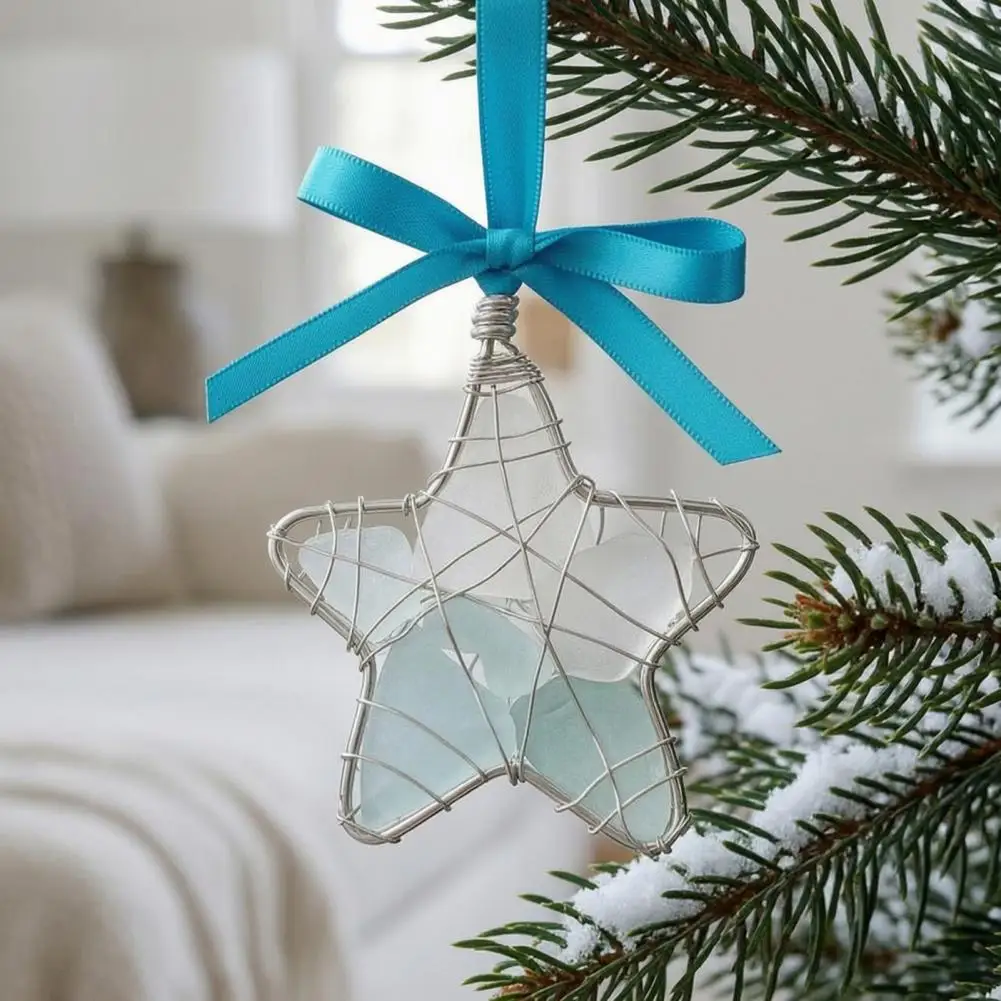 Handmade Sea Glass Star, Coastal Style Hanging Ornament Glass Star Decoration with Bowknot Christmas Sea Glass Keepsakes