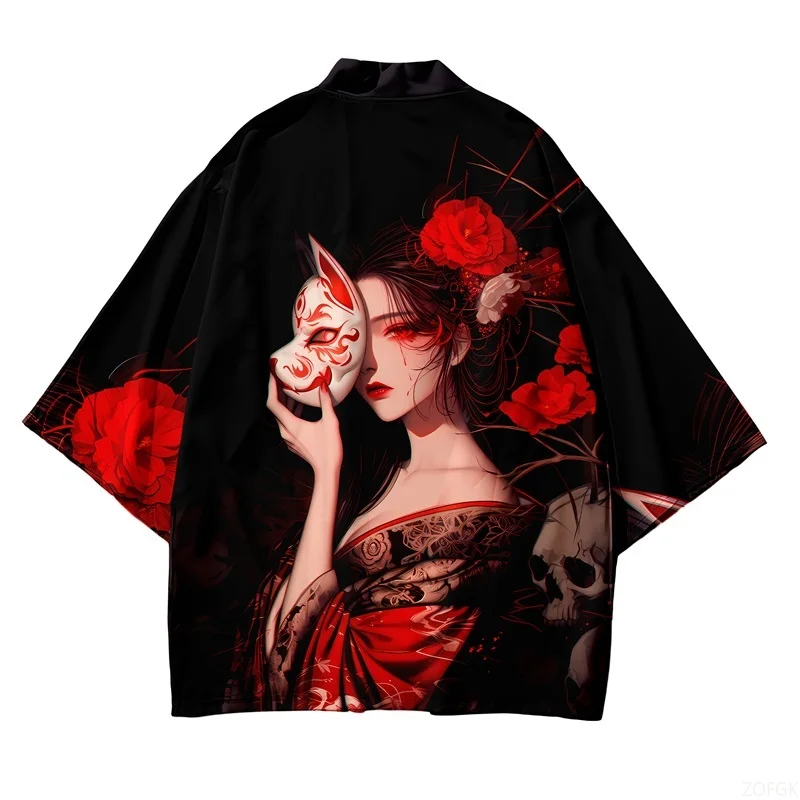 Japanese Kimono Women Men Harajuku Cosplay Anime Beach Black Kimono Cardigan