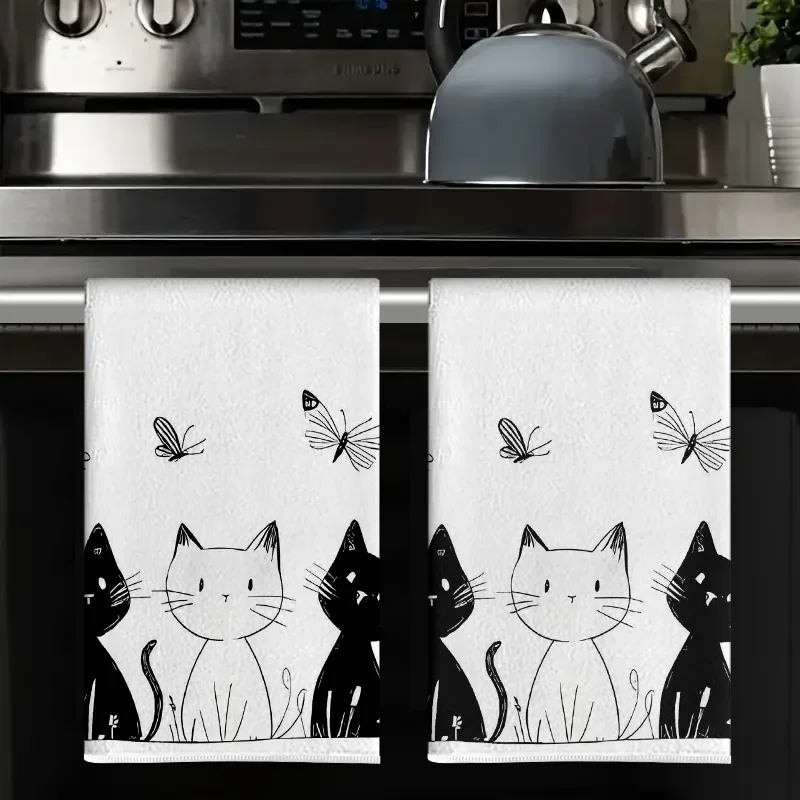 Cat and Butterfly White Hand-Painted Kitchen Towel 40*60cm Set Super Absorbent Soft Cleaning Cloth Cooking Baking Tea Towel