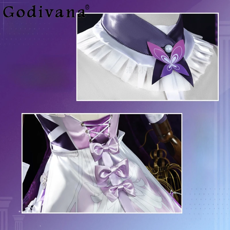 Damski Zestaw Uniformu na Imprezę Fantazyjna Fioletowa Sukienka Halloweenowa Peruka Gra Cosplay Kostium Długie Ubrania Nakrycie Głowy Karnawał Sukienka dla Dziewcząt