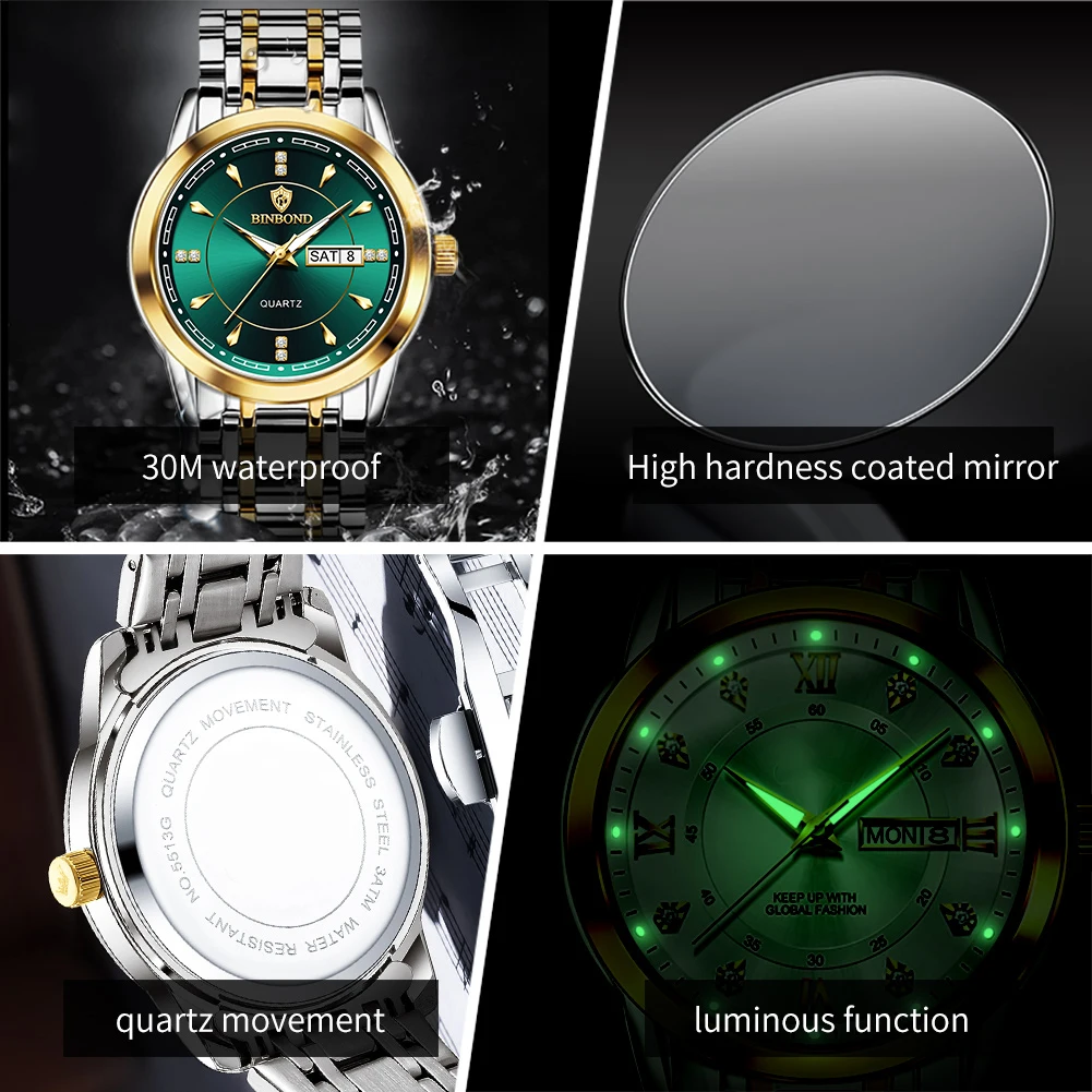 BINBOND Couple Watches Simple Fashion Top Brand Original Quartz Watch for Lover Waterproof Stainless Steel Date Week Luminous