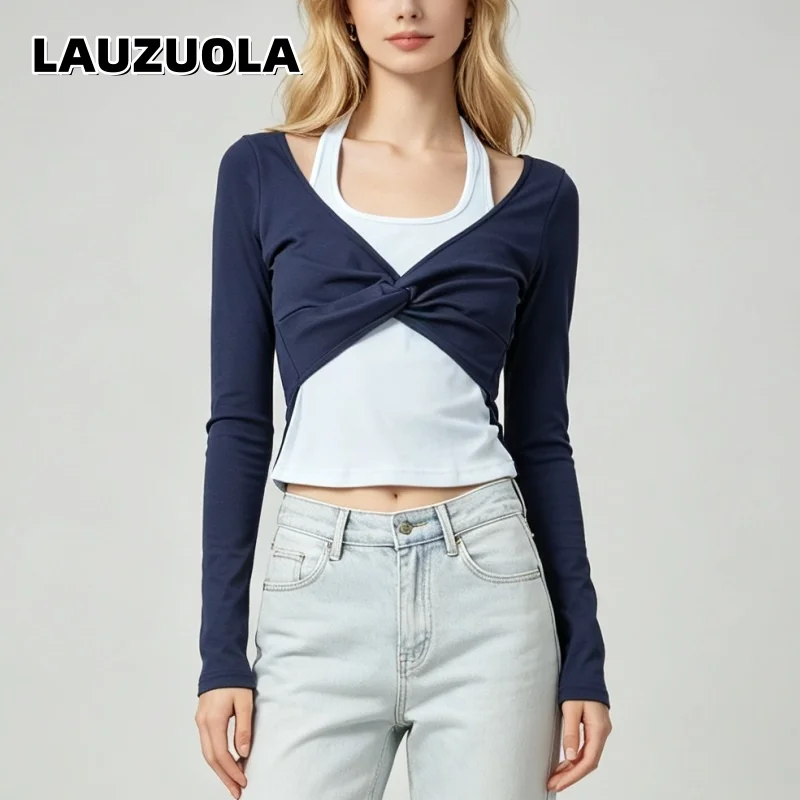 Women Fake 2 Pieces Halter Long Sleeve Top Twist Front Color Contrast Crop Tops Slim Fit Ribbed Knit Casual Streetwear Blouse