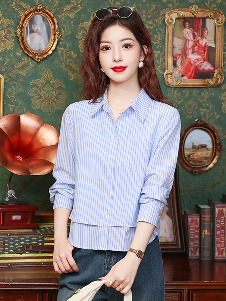 เสื้อฮ่องกงสไตล์สล ลอง สเว ลายทาง สำหรับผู้หญิง แฟชั่นฤดูใบไม้ร่วง ดีไซน์อเนกประสงค์ ทันสมัย เหมาะสำหรับใส่ทำงาน