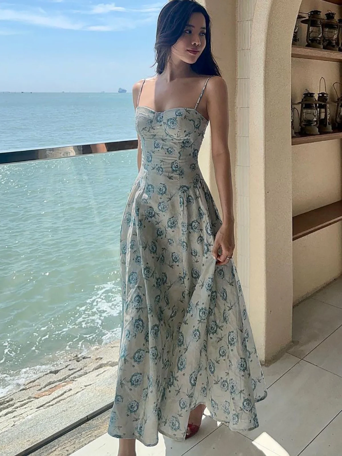 

Sexy Slim Fit Floral Print Strapl Dr Women's mid Waist PU Elastic Fiber No Sve Printed Spring Summer Autumn Ladies