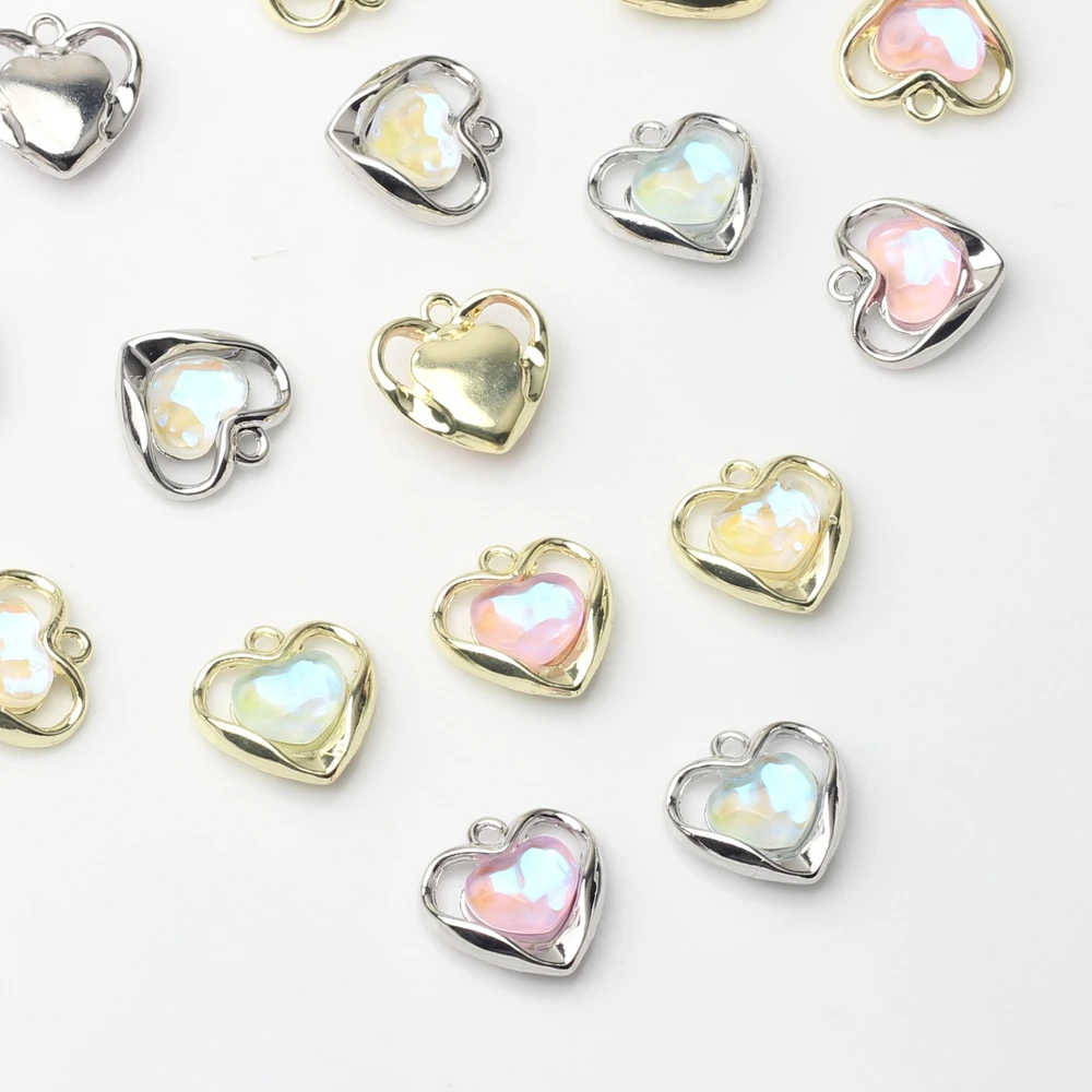 6pcs/lot Zinc Alloy Metal Hand Mosaic AB Rainbow Color Heart Charms For DIY Fashion Jewelry Making Finding Accessories