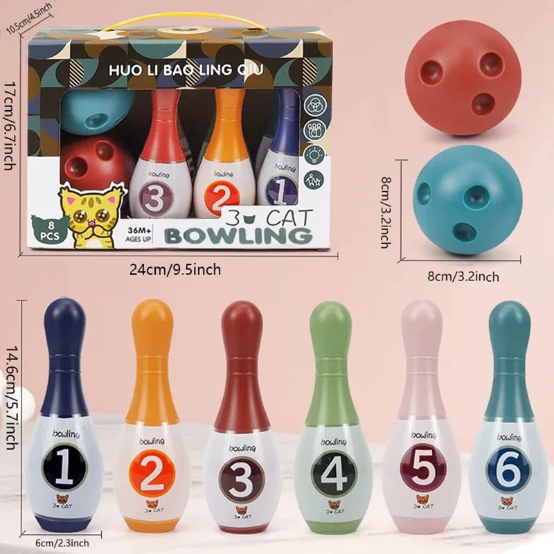 Kids Toy Bowling Set Includes 6 Plastic Pins & 2 Balls, Toddler Indoor Outdoor Games, Educational Birthday Gifts for Boys Girls