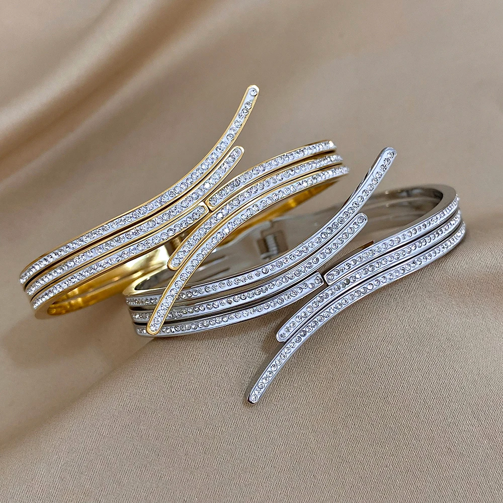 Greatera Luxury Rhinestone Charm Stainless Steel Bangles Cuff Bracelet for Women Geometric Irregular Gold Plated Party Jewelry