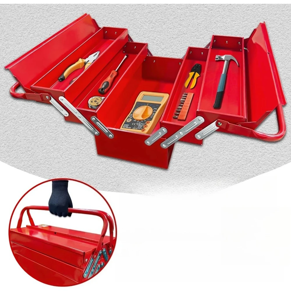 18-inch metal cantilever toolbox, three-layer five-compartment portable folding tool box organizer, suitable for home workshops
