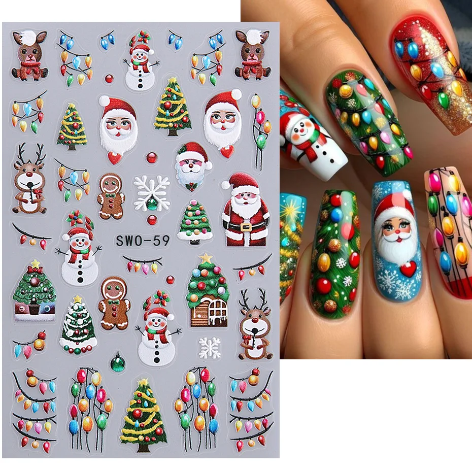 5D Cartoon Christmas Nail Sticker Snowman Santa Claus Balloon Deer Christmas Tree Cookie Man Neon Lamp DIY Winter Decal Manicure