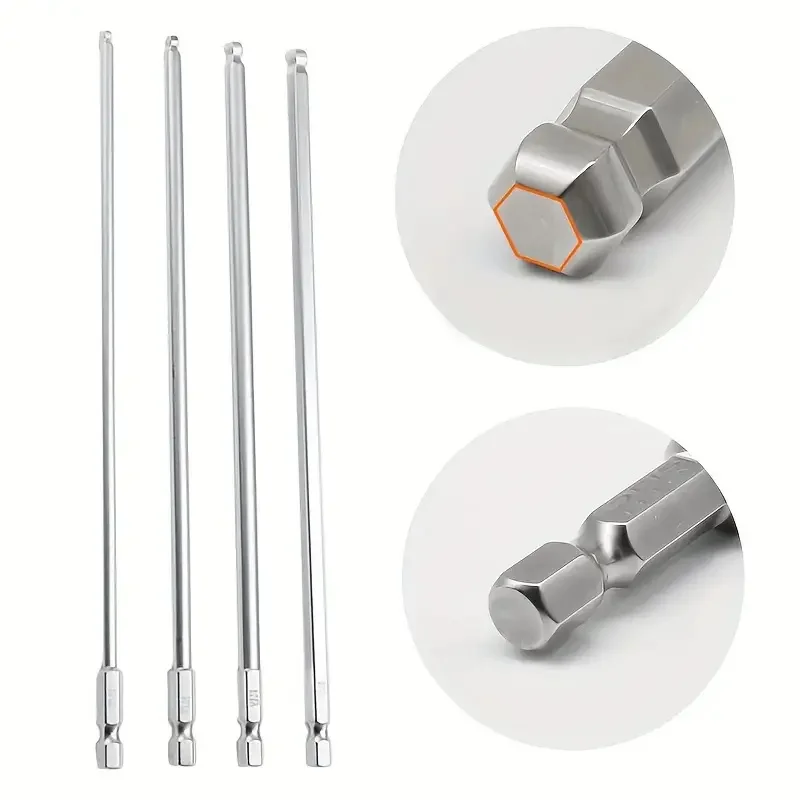 4pcs/Set Ball End Hex Screwdriver Bits S2 Steel Magnetic Metric Socket Tools 150mm H3-H6 Metal Manual Allen Key Bits Tool