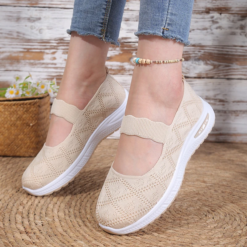 Multi-Color Available Ladies Mesh Knit Mary Jane Sneakers, Grid Textured Upper, Low Wedge Sole Easy Slip-In Walking Shoes