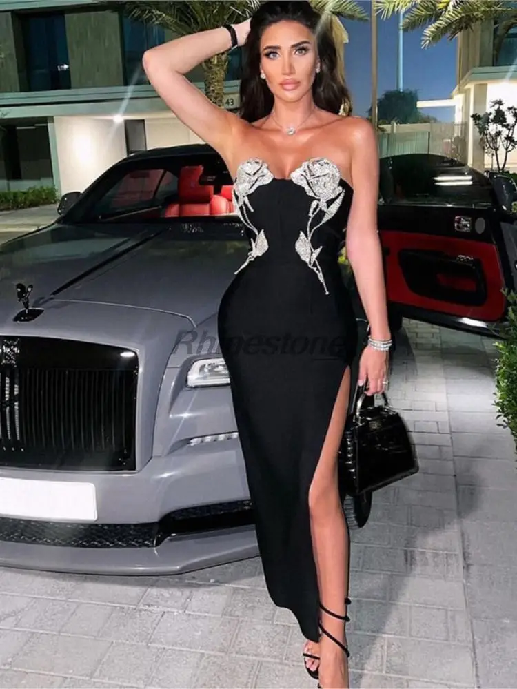 Summer Rose Shining Diamond Sexy Bra With High Split Black Bandage Light Luxury Party Evening Dress