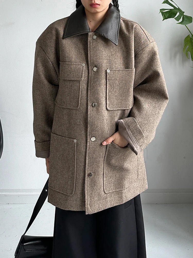 

Retro Spliced PU Leather oulder Pad Suit Jaet Loose Workwear Sle for Men And Women Vintage Design Long Sve Coat