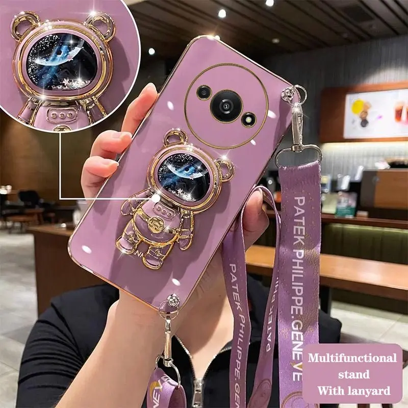 حافظة هاتف مطلية على الحبل لرائد الفضاء لهاتف شاومي ريدمي A3 ، حماية مقاومة للكسر ، غطاء خلفي ناعم ، حامل إبداعي